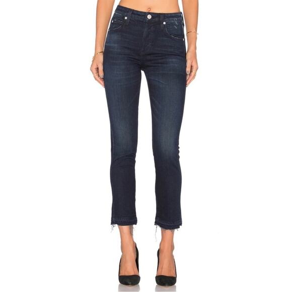 AMO Women’s Dark Wash Babe Jeans Eclipse Denim Raw Hem High Rise Blue Button Fly - Picture 1 of 11